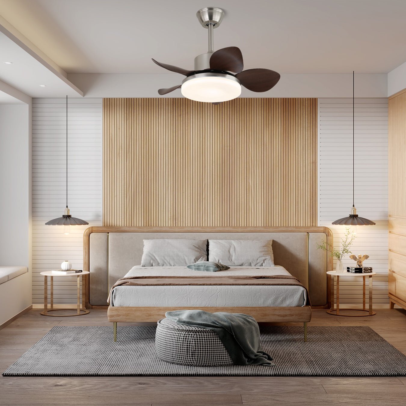 Ventilador de Techo Kaelen de Madera con iluminación LED integrada, encendido.