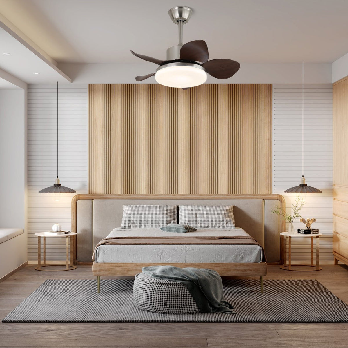 Ventilador de Techo Kaelen de Madera con iluminación LED integrada, encendido.
