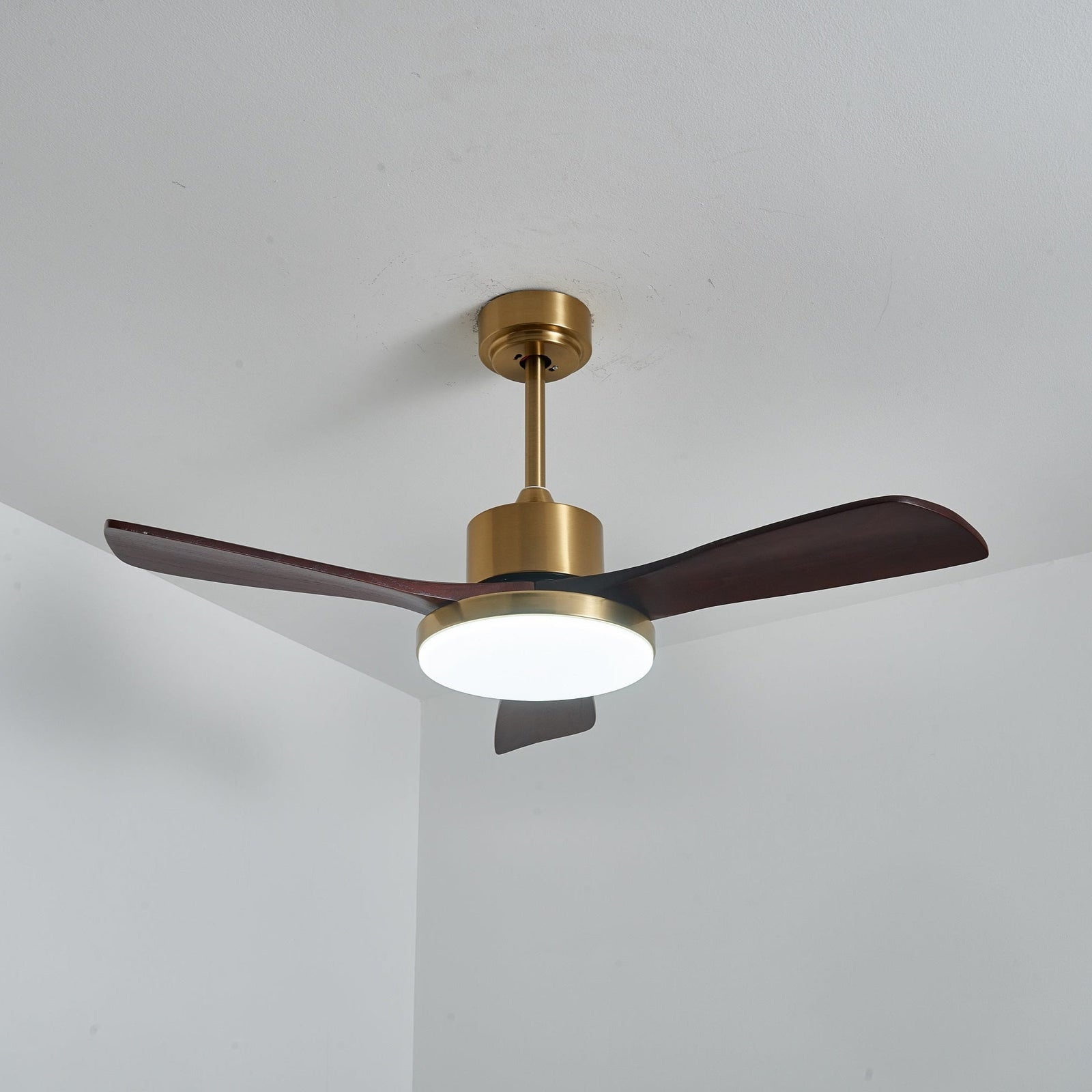 Primer plano del acabado nogal de la Lámpara Ventilador de Techo Moderna Xen