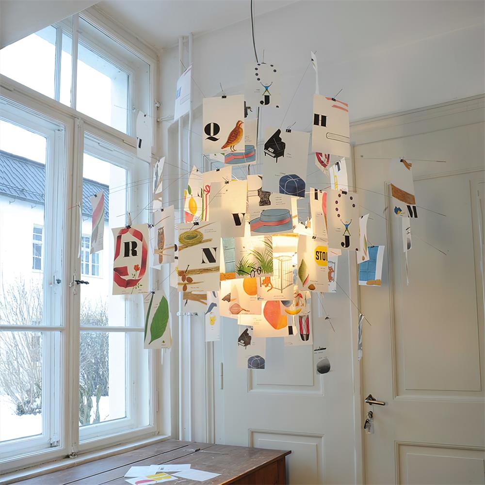 Chandelier Paper and Metal Colorful White Cards Whimsical Modern - Aura Lighting