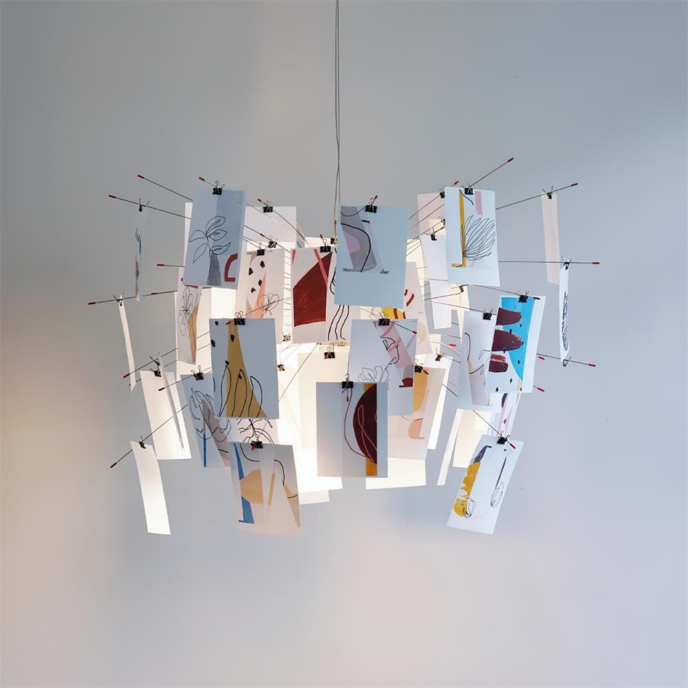 Chandelier Paper and Metal Colorful White Cards Whimsical Modern - Aura Lighting