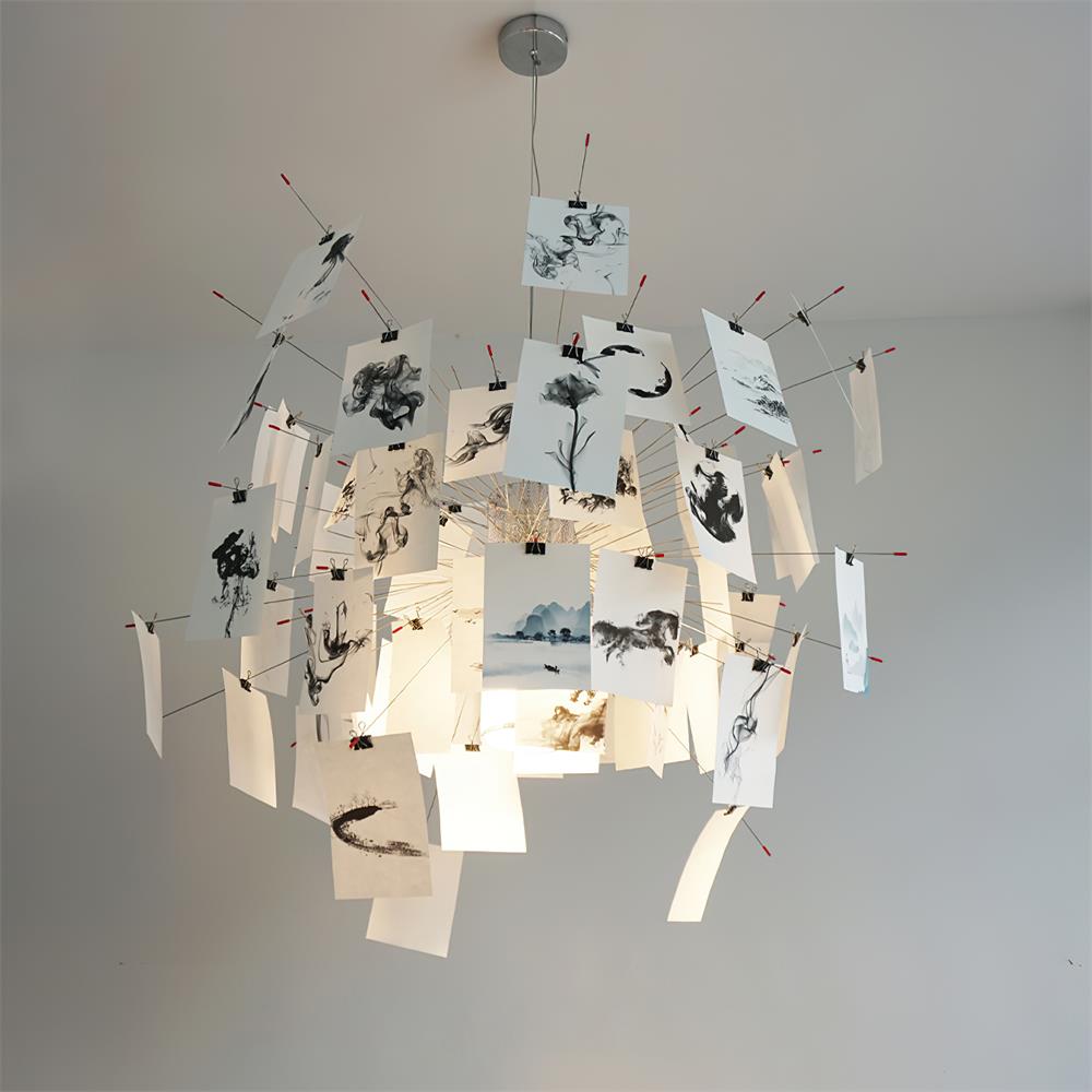 Chandelier Paper and Metal Colorful White Cards Whimsical Modern - Aura Lighting
