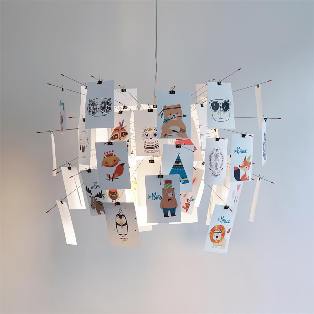 Chandelier Paper and Metal Colorful White Cards Whimsical Modern - Aura Lighting