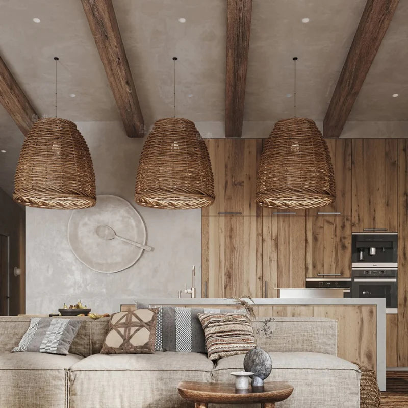 Muto Vintage Rústico LED Lámpara Colgante Ratán Salón Dormitorio — imagen 2 | Aura Lighting