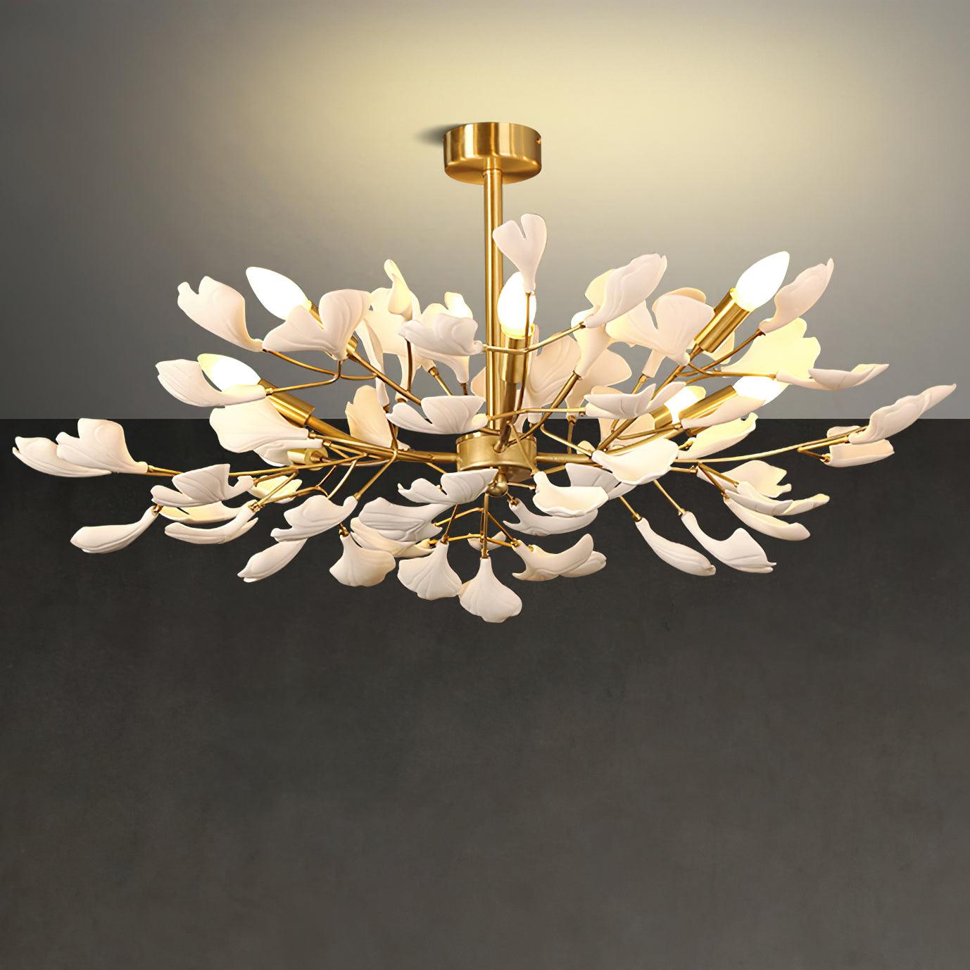 Aurora Chandelier Ginkgo Leaf Brass Ceramic - Aura Lighting