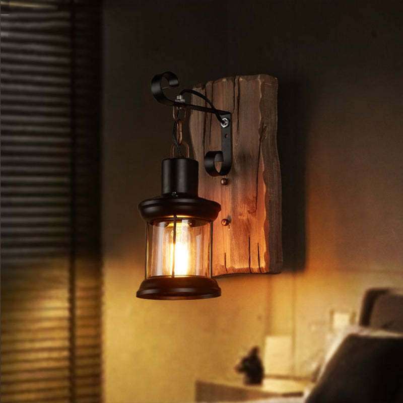 Silva Industrial Rustico Lantern Metal/Madera Aplique de Pared Negra/Bronce — imagen 2 | Aura Lighting