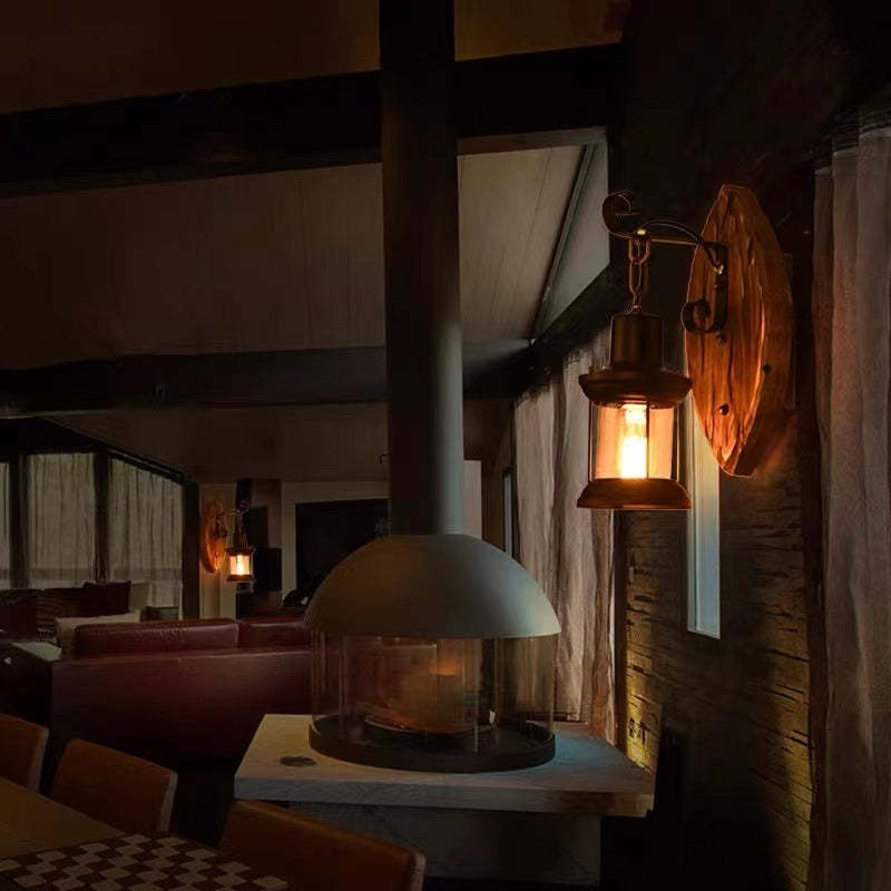 Silva Industrial Rustico Lantern Metal/Madera Aplique de Pared Negra/Bronce — imagen 3 | Aura Lighting