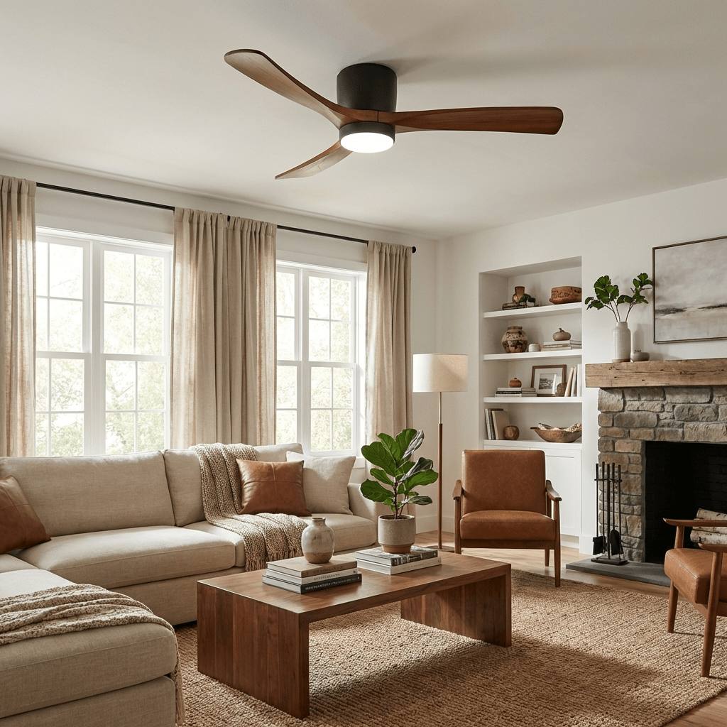 Ventilador de Techo con Luz Ezra Nórdico, primer plano de la luz LED y las aspas de madera