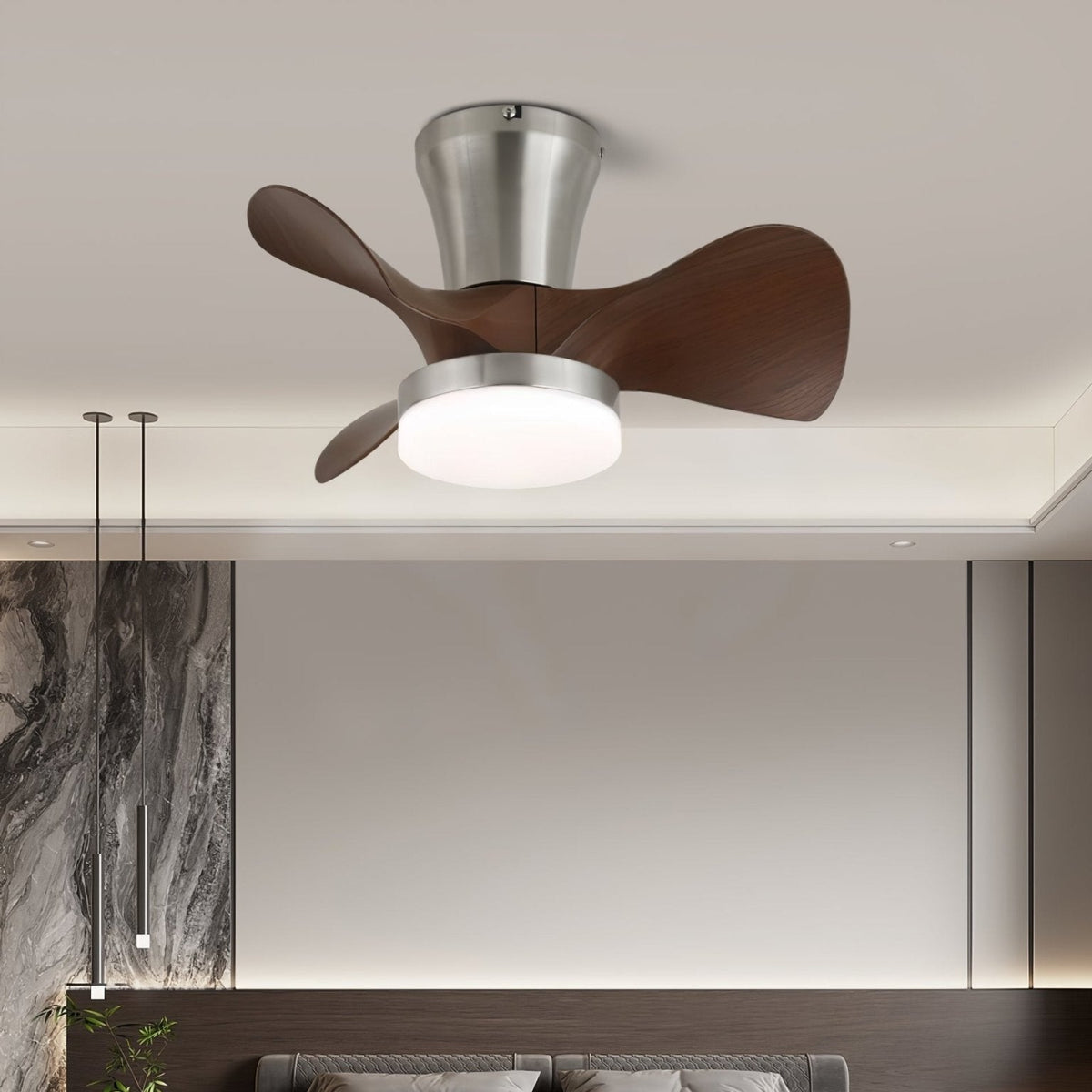 Ventilador de Techo Nera Moderno de Madera con Luz, instalado en una sala de estar