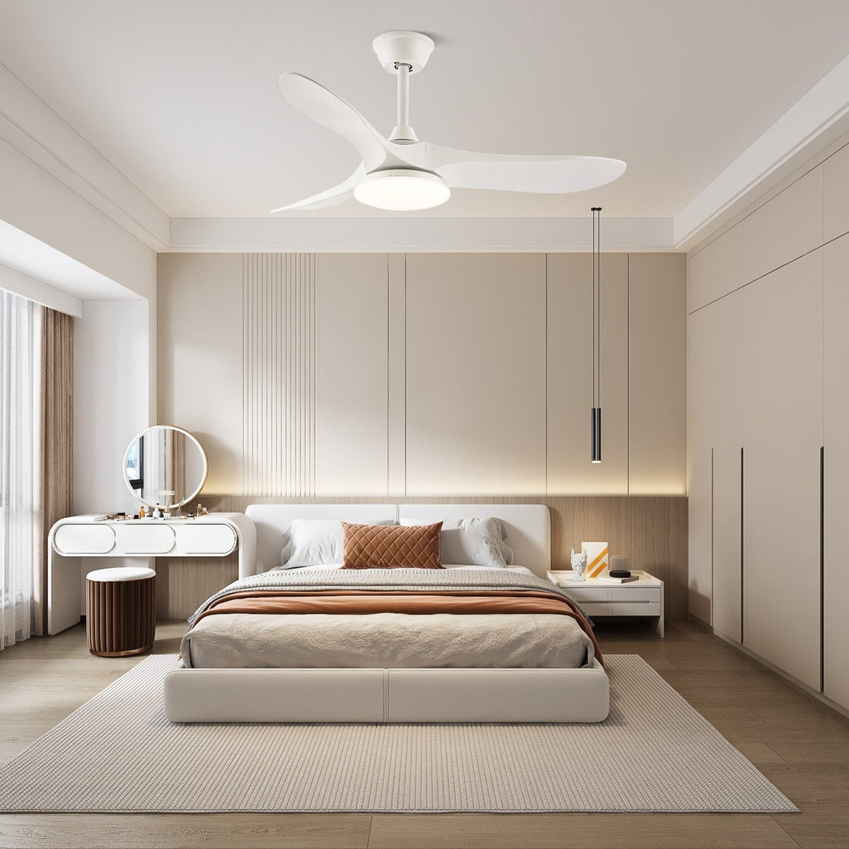 Ventilador de Techo Moderno Velix de Madera con Luz iluminando un espacio