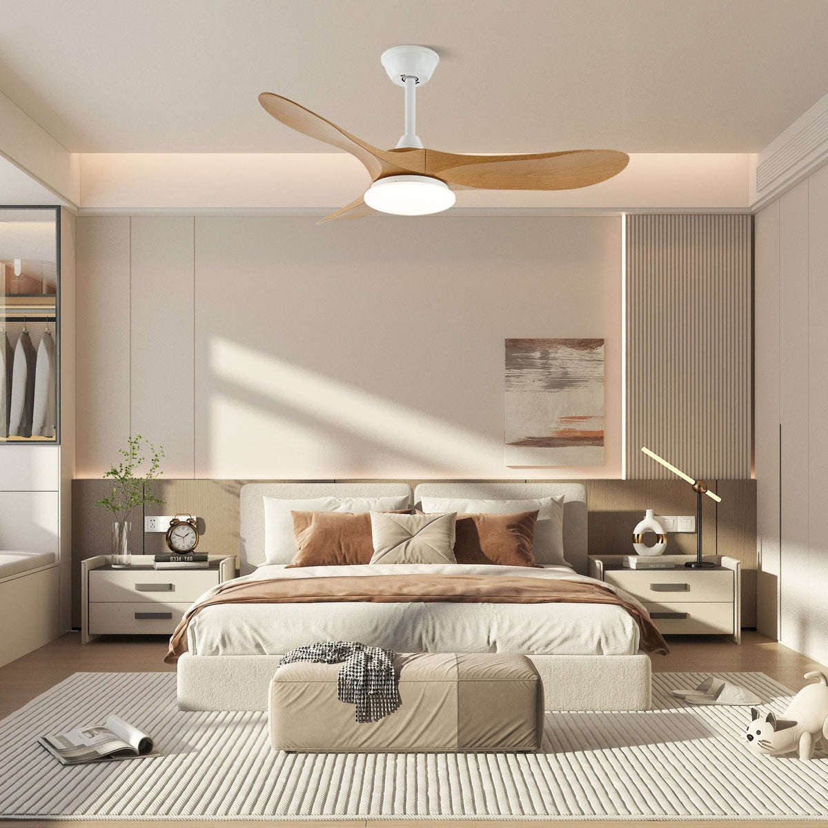 Ventilador de Techo Moderno Velix de Madera con Luz desde una perspectiva de abajo hacia arriba