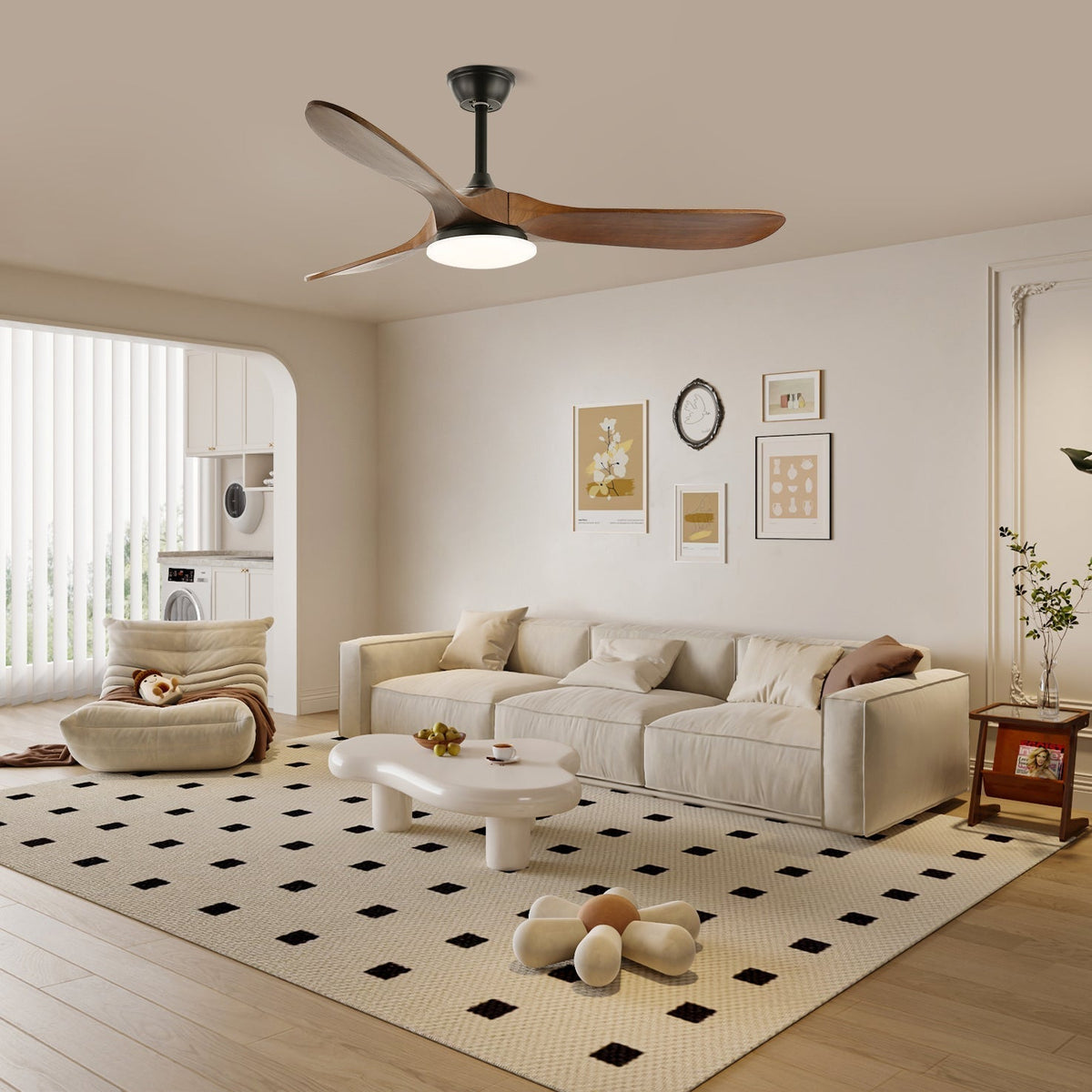 Ventilador de Techo Moderno Velix de Madera con Luz en acabado Veta de Madera de Nogal